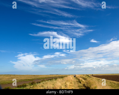 Cielo immenso dove i turisti a piedi oltre modo Peddars sulla costa di Norfolk traiettoria vicino Brancaster Staithe Foto Stock