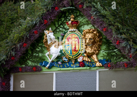 HRH Royal Lodge cresta al Braemar Highland Gathering and Games presso la principessa Royal & Duke of Fife Memorial Park, Braemar, Aberdeenshire, regno unito Foto Stock