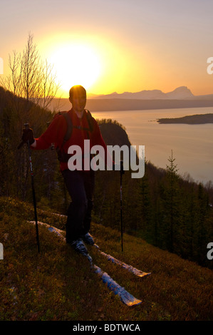 Skifahrer un berghang bei sonnenuntergang, ofotfjorden, narvik, Nordland, norwegen, skiier a lato di collina al tramonto, Norvegia Foto Stock