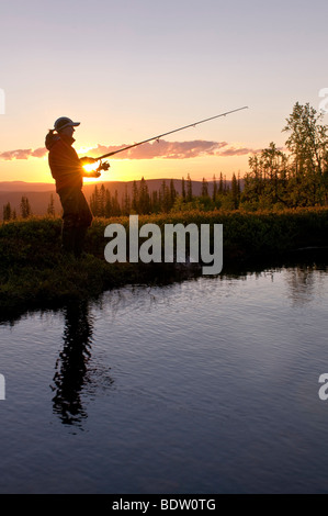 Fisher, il sole di mezzanotte in Lapponia, Svezia Foto Stock