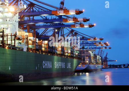 Nave container essendo caricati al terminale Buchardkai, Amburgo, Germania, Europa Foto Stock