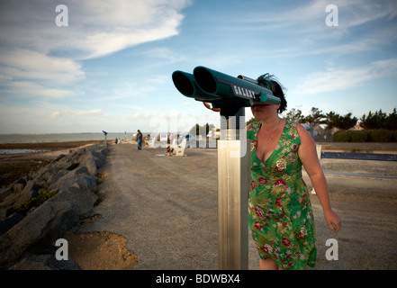 Una donna guarda attraverso at Telescopio Binoculare in luce della sera su a Le Gillieux sulla costa francese Foto Stock