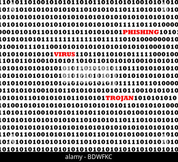 Computer virus che masquerading come codice binario, isolati su sfondo bianco. Foto Stock