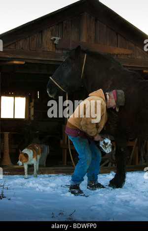 Caldo sole riflette da un vecchio ranch stone house la fusione della restante neve nel corral. Foto Stock