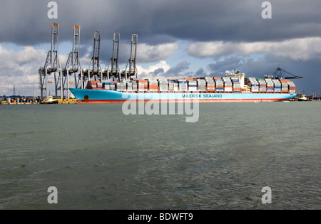 La Arnold Maersk Container nave ormeggiata nel porto di Southampton, Hampshire, Inghilterra, Regno Unito. Foto Stock