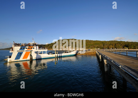 Traghetto per auto presso il molo, Kingfisher Bay, patrimonio Unesco, l'Isola di Fraser, Great Sandy National Park, Queenslan Foto Stock