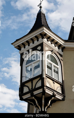 Centro storico a struttura mista in legno e muratura oriel, George Street, Meiningen, Rhoen, Turingia, Germania, Europa Foto Stock