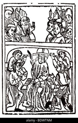 W caxton 1491 prenota dei subacquei di fantasmi di materie di testa una spalla di due giovani e di Pilato la mano sinistra sollevata la testa e la spalla Foto Stock