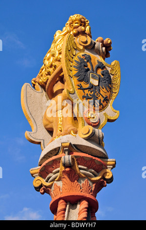 Loewenbrunnen fontana, con doppio lion con aquila imperiale e Ulmerschild protezione aggiunta nel 1590, Muensterplatz square, Ulm, B Foto Stock