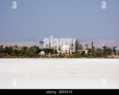La Hala Sultan Tekke moschea, chiamato anche la Moschea di Umm Haram, a secco di Salt Lake dalla città di Larnaca, Cipro, l'Europa. Foto Stock