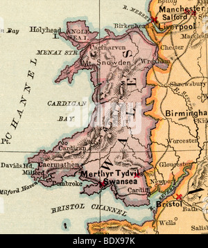 Originale vecchia mappa del Galles da 1875 geografia di un libro di testo Foto Stock