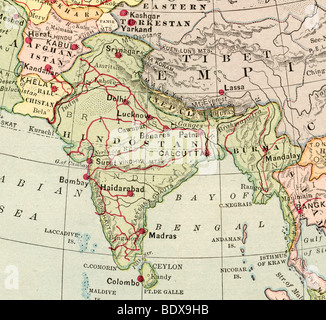 Originale vecchia mappa dell'India dal 1875 la geografia di un libro di testo Foto Stock