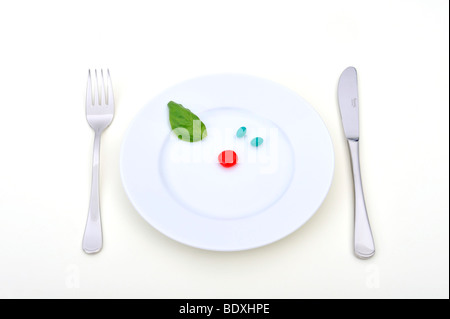 Immagine simbolica di cibo sintetico, pillola, il consumo di droga, dietSymbolic immagine per cibo sintetico, pillola del consumo di droga, Foto Stock