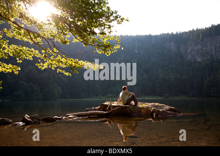 L'uomo, metà 40s, seduto su di una roccia al lago Feldsee nella Foresta Nera, Baden-Wuerttemberg, Germania, Europa Foto Stock