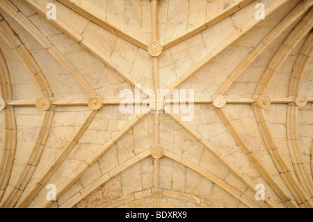 Cross-ribbed vault nel chiostro del monastero di Hieronymites, Mosteiro dos Jeronimos, Sito Patrimonio Mondiale dell'UNESCO, Manuelino Foto Stock