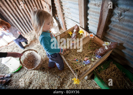 Due ragazze trovare cioccolato conigli pasquali in una gallina coop Foto Stock