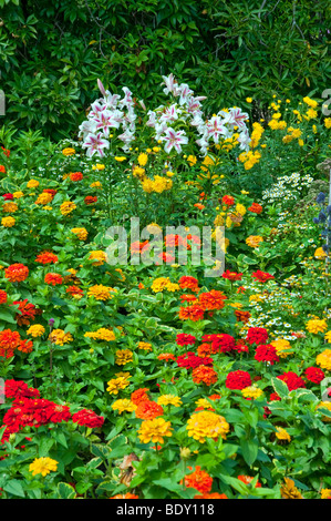 Letti di fiori, percorsi da giardino e composizioni floreali presso i Giardini Inglesi in Assiniboine Park in Winnipeg, Manitoba, Canada. Foto Stock