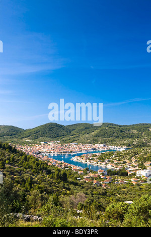 Vista della Vela Luka, isola di Korcula, Dubrovnik Neretva, Dalmazia, Croazia, Europa Foto Stock