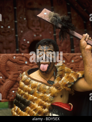 Nuova Zelanda, Isola del nord, Rotorua, Whakarewarewa, guerriero Maori eseguendo una Haka Foto Stock