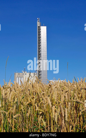 Mulino Schapfenmuehle torre, la più alta silo di grano in tutto il mondo, coperto con un impianto fotovoltaico, Jungingen, Ulm, Baden-Wuert Foto Stock