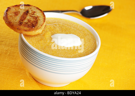 Zuppa di zucca con panna e courton Foto Stock