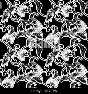 Ornati in bianco e nero senza giunture di ripetizione tile pattern di fiori e farfalle in uno stile Giapponese Foto Stock