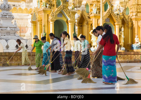 Donne spazzare la Shwedagon pagoda, tempio, Rangoon, Yangon, birmania, myanmar, Asia Foto Stock