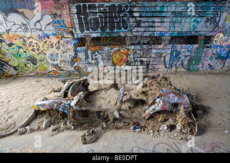 Auto abbandonate e graffiti al di sotto del ponte nel fiume di Los Angeles, California, USA. Foto Stock
