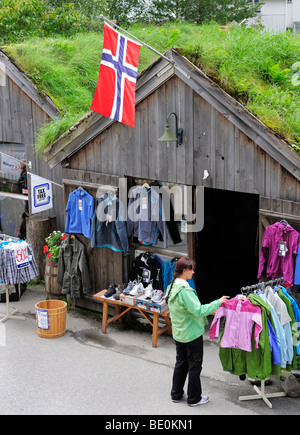 Shop nel porto di Geiranger, il Geirangerfjord, Norvegia, Scandinavia, Nord Europa, Europa Foto Stock