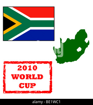 Gli elementi grafici per il Campionato del Mondo 2010, timbro apposto sul passaporto, Bandiera del Sud Africa e mappa, isolati su sfondo bianco. Foto Stock