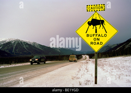 Alaska Highway, Northern Rockies, BC, British Columbia, Canada - Avvertenza e Attenzione cartello stradale per Buffalo Animal Crossing, inverno Foto Stock