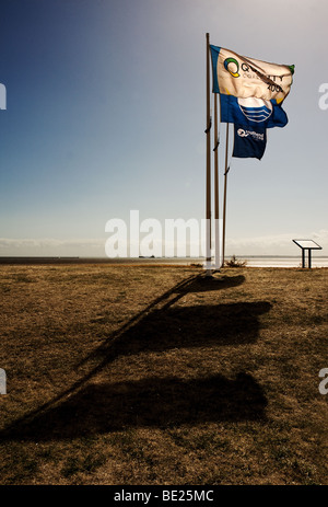 Tre pennoni sulla spiaggia a est a Shoeburyness in Essex. Foto di Gordon Scammell Foto Stock