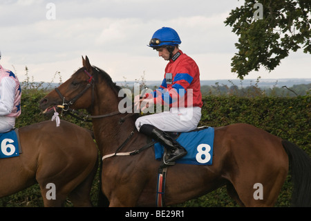 Cavallo e fantino prima di una gara, Beverley gare, East Yorkshire Foto Stock