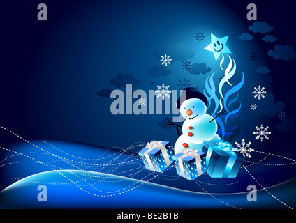 Un sfondo di Natale con i fiocchi di neve e una felice pupazzo di neve! Foto Stock