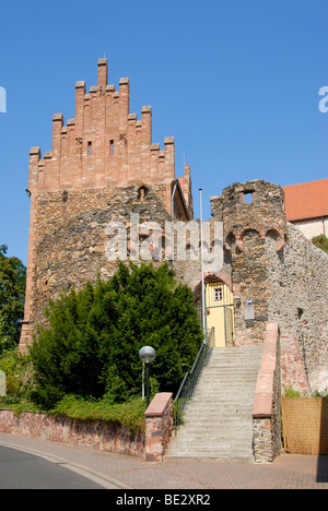 Ingresso e timpano a gradini del rivestimento esterno del castello, antico castello, Alzenau in Bassa Franconia, Spessart, Baviera, Germania, Europa Foto Stock