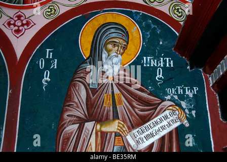 Greco il cristianesimo ortodosso, elaborare murales, saint con alogeno, Moni Limonos monastero, Lesbo, Mar Egeo, Grecia, Europa Foto Stock