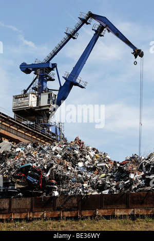 Grande gru a ponte la manipolazione di metallo di scarto per il riciclaggio di rottami, isola, DuisPort porto interno, Duisburg-Ruhrort, Nord Rhine-West Foto Stock