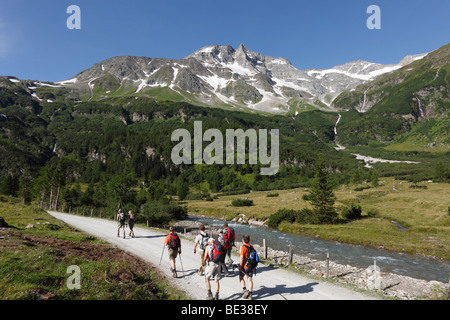 Gruppo di escursionisti di fronte Hoher Sonnblick mountain, Gruppo Goldberg, Parco Nazionale degli Hohe Tauern, vista dal Kolm-Saigurn in Foto Stock