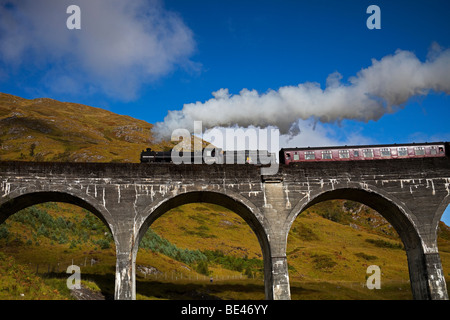 Giacobita treno a vapore attraversando il viadotto Glenfinnan, West Highland Line, Lochaber, Scotland, Regno Unito, Europa Foto Stock