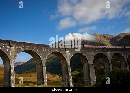 Giacobita treno a vapore attraversando il viadotto Glenfinnan, West Highland Line, Lochaber, Scotland, Regno Unito, Europa Foto Stock