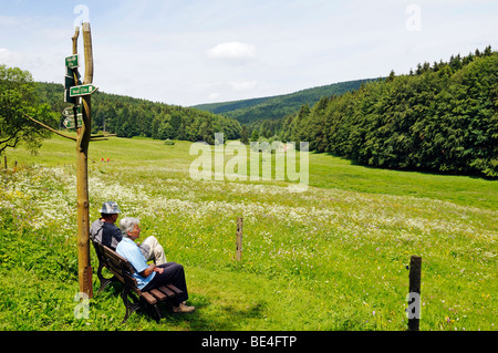 Gli escursionisti in Oberes Vessertal valley, Biosphaerenreservat Vessertal-Thueringer Wald, riserva della biosfera Vesser valle-Turingia Foto Stock