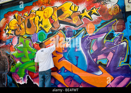 Graffiti artista lavora sul suo murale su cinque livelli Pointz building a Long Island City nel Queens Foto Stock