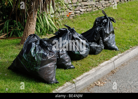 In plastica nera bin sacchi sul ciglio della strada in attesa di essere raccolti dal rifiutare il servizio in cornwall, Regno Unito Foto Stock