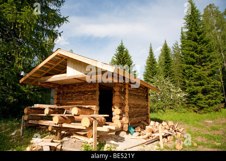 Log Cabin fatta di abbaiato spruce logs in costruzione , Finlandia Foto Stock