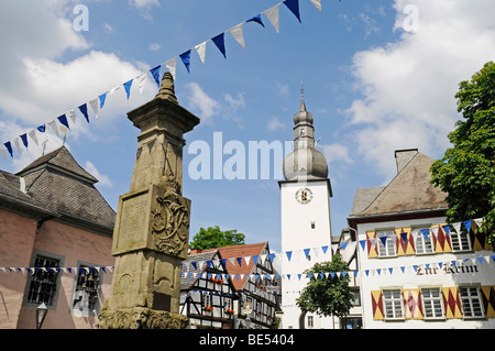 Fontana Maximilianbrunnen, torre campanaria, città cappella di St George, ristorante Zur Krim, Piazza del Mercato Vecchio, semi-case con travi di legno, Foto Stock