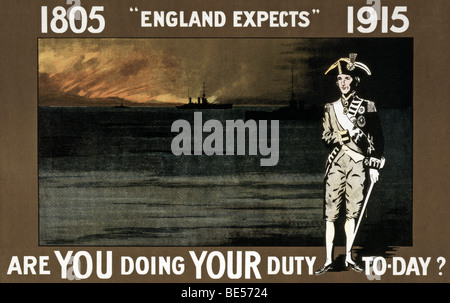 La Prima guerra mondiale britannico poster di reclutamento che evocano la memoria e immagine del vice ammiraglio Horatio Nelson. Foto Stock