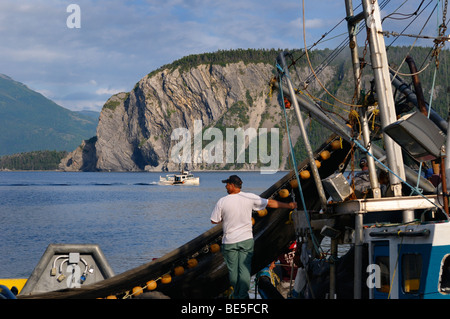 I pescatori alaggio in rete sul braccio orientale Bonne Bay a Norris punto alla fine della giornata con Shag scogliera sul Parco Nazionale Gros Morne Terranova in Canada Foto Stock