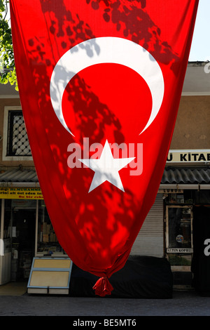 Grande bandiera turca, appeso tra alberi, prenota Bazaar, Beyazit Square, Istanbul, Turchia Foto Stock
