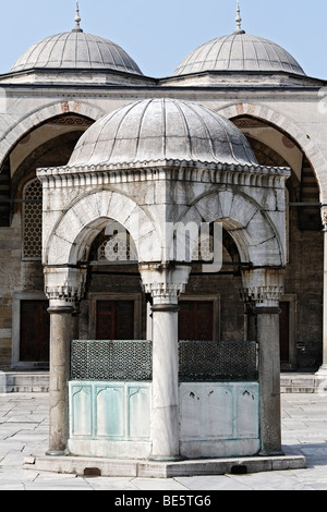 La Moschea Blu, Sultan Ahmet Camii, purgation pozzi, Sadirvan nel piazzale antistante, Sultanahmet, Istanbul, Turchia Foto Stock