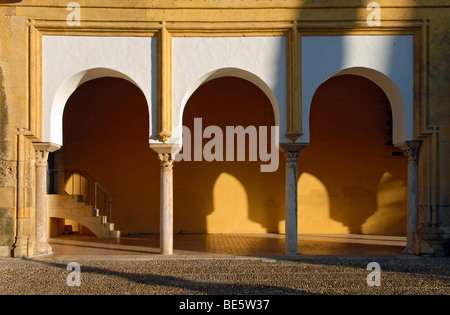 Gli archi e le loro ombre nel cortile della Mezquita, la Chiesa/la moschea di Cordova in morbida luce mattutina, Andalusia, Spagna, Europa Foto Stock